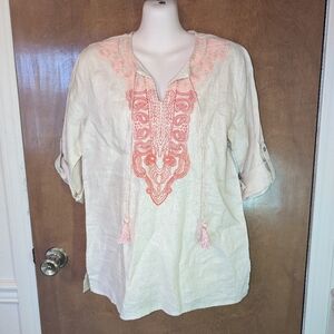 Symple NYC Tan Beige Linen Pink Embroidered Roll Tab Sleeve Blouse Shirt